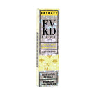 A rectangular box labeled FVKD Blue Lotus Disposable features strawberry shortcake flavor, Premium Concentrate, NET WT. 3.5G, decorative patterns on a pale background, and is compatible with ceramic coil devices.