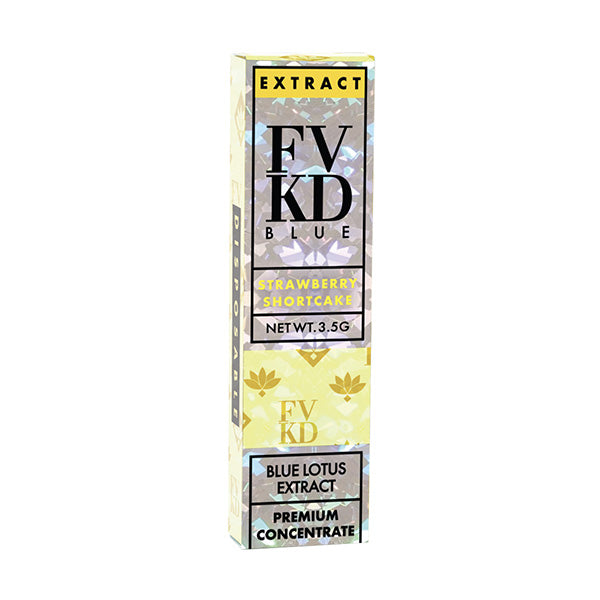 A rectangular box labeled FVKD Blue Lotus Disposable features strawberry shortcake flavor, Premium Concentrate, NET WT. 3.5G, decorative patterns on a pale background, and is compatible with ceramic coil devices.