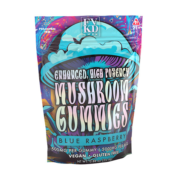 FVKD Mushroom Gummies by FVKD come in a psychedelic package with bold fonts and a large mushroom design. Each blue raspberry gummy is vegan, gluten free, high potency, and delivers 500mg.