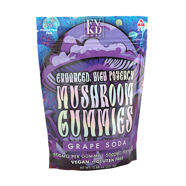 FVKD Mushroom Gummies by FVKD come in grape soda flavor, offer a nootropics blend of functional mushrooms, high potency (500mg each), are vegan, gluten free, psilocybin free, and feature vibrant purple and blue mushroom-themed packaging.