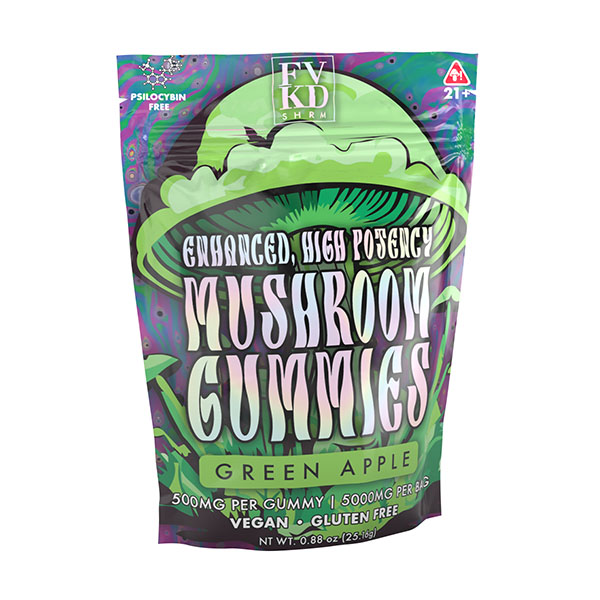 FVKD Mushroom Gummies by FVKD come in a vibrant green apple package, featuring Enhanced, High Potency 500mg per gummy. Vegan, gluten-free, psilocybin-free—a tasty nootropics blend for your daily boost.