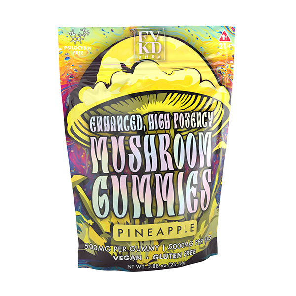 A colorful pouch labeled “FVKD Mushroom Gummies” by FVKD, with vibrant yellow patterns, advertises vegan, gluten-free mushroom gummies—nootropics blend, psilocybin-free, 500mg per gummy, 5000mg per bag.