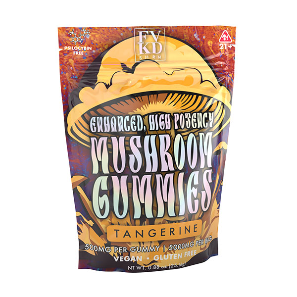 A vibrant FVKD Mushroom Gummies bag by FVKD features psychedelic art and labels: “Enhanced High Potency,” “500mg per gummy,” “Vegan,” “Gluten Free,” plus a nootropics blend of functional mushrooms—100% Psilocybin Free.