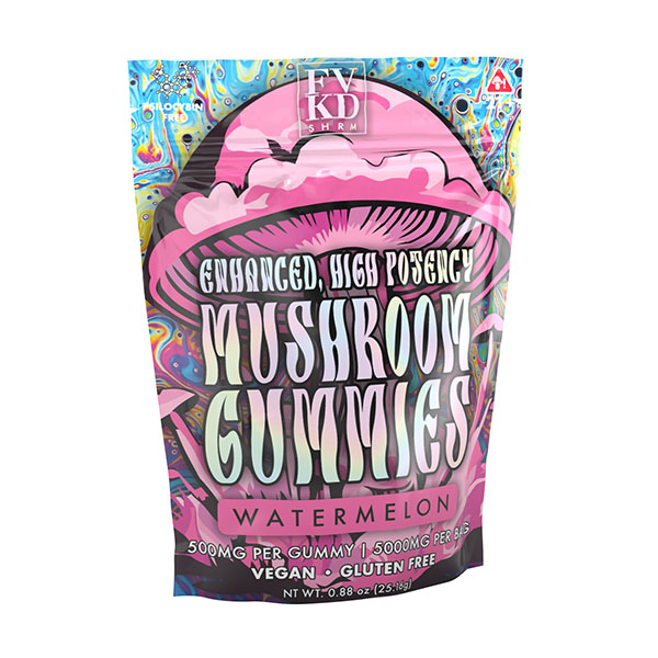 A vibrant bag labeled FVKD Mushroom Gummies by FVKD, featuring 500mg per vegan, gluten-free gummy with a nootropic functional mushroom blend, psychedelic mushroom art, and bold patterns in watermelon flavor.