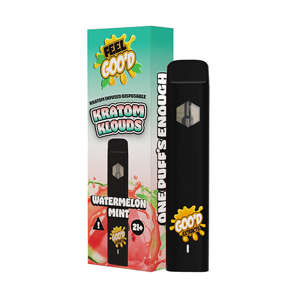 A black Kratom Disposable Vape by Good Extrax stands next to its vibrant FEEL GOOD Kratom Klouds Watermelon Mint box, featuring watermelon graphics, 21+ and One Puff’s Enough warnings for a premium kratom vaping experience.
