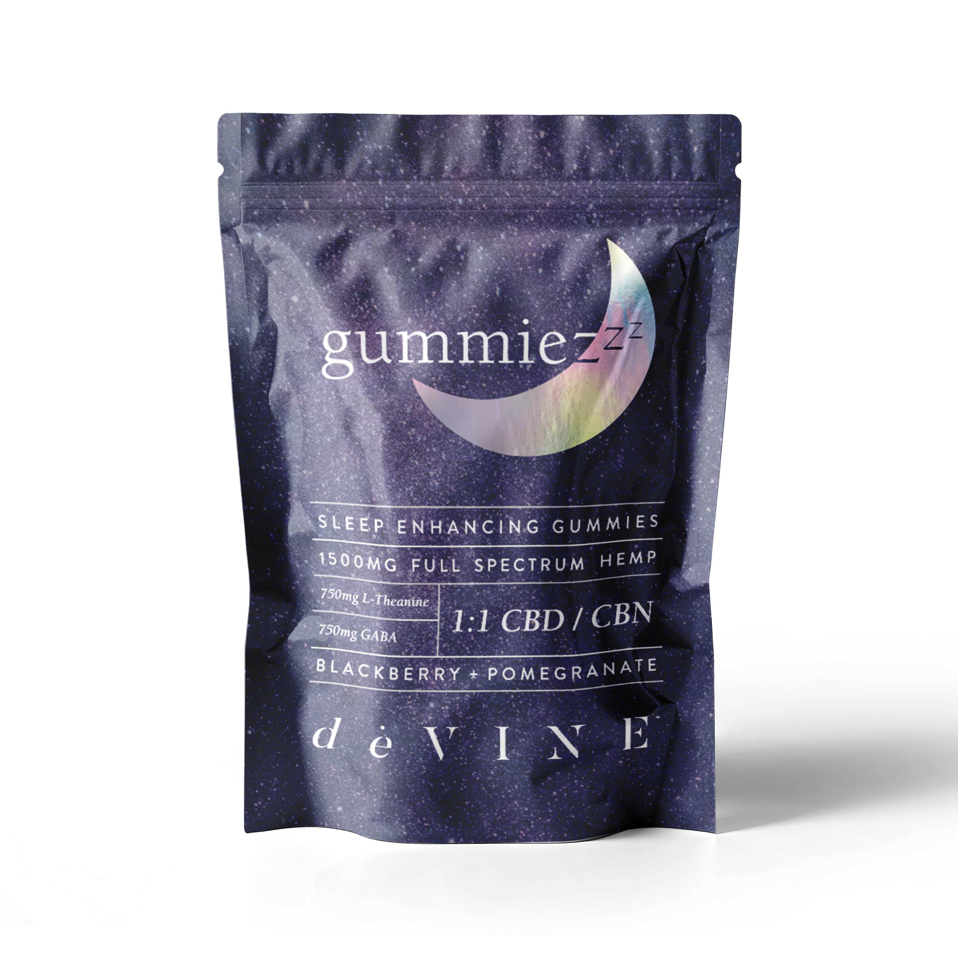 A stand-up pouch labeled GummieZzz by DeVINE Wellness, featuring a crescent moon, holds CBD sleep gummies with CBN, GABA, and L-Theanine; available in blackberry and pomegranate flavors for restful sleep support.