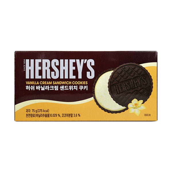 A box of Exotic Snacks Hersheys Sandwich Cookies features cookie images, a vanilla flower, and English and Korean text. Enjoy crisp cookies filled with smooth vanilla cream.