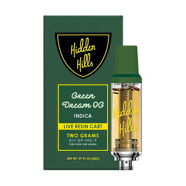 A green and yellow Hidden Hills box labeled Live Resin THC Cartridge 2G stands with a 2-gram cartridge containing golden liquid, utilizing premium Delta 8 technology, in front of the box.