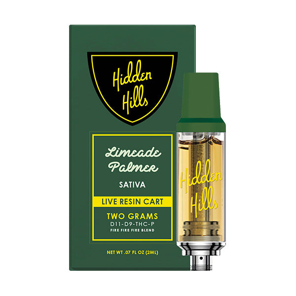 A green and yellow box labeled Hidden Hills and Live Resin THC Cartridge 2G sits beside a matching 2-gram 510 cartridge with yellow liquid and “Two Grams” text, representing the sativa Limeade Palmer flavor.