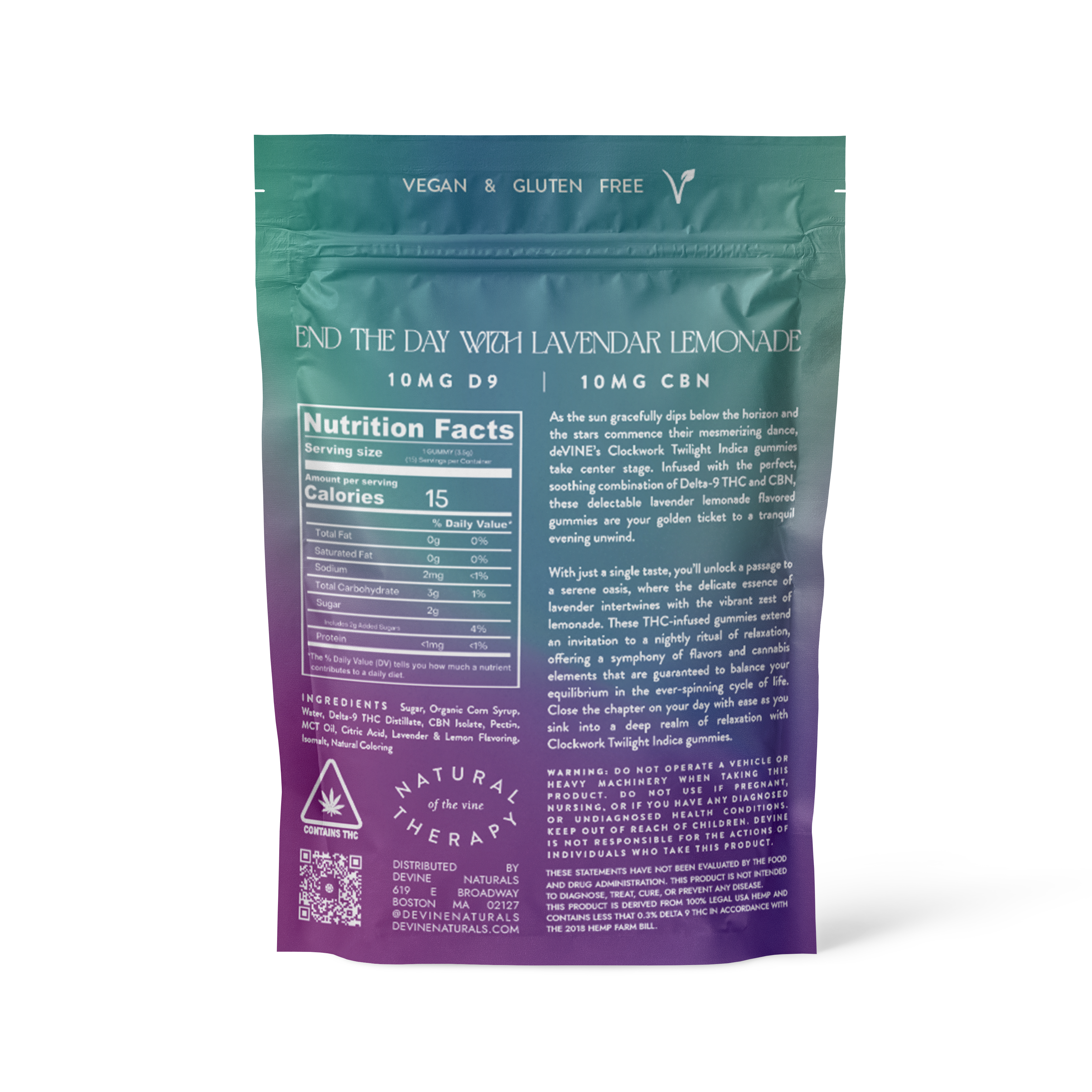 A colorful, resealable package labeled DeVINE Wellness Clockwork- Twilight Indica ∆9 Gummies. Vegan and gluten-free, these gummies deliver 10mg D9 and 10mg CBN per serving, with nutrition facts, ingredients, and product info included.