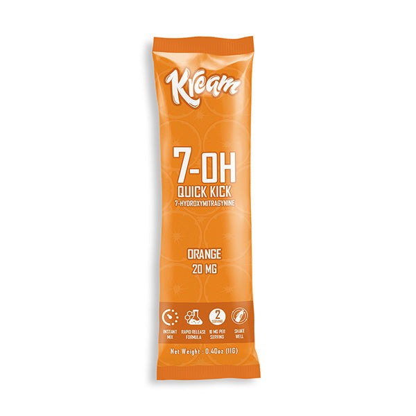A bright orange packet labeled Kream Quick Kick Kratom Powder offers 20 mg rapid-release 7-Hydroxymitragynine powder, orange flavor, instant mix, sugar-free, 2 servings. Net wt. 0.40 oz (11g). Icons show fast action and no sugar.