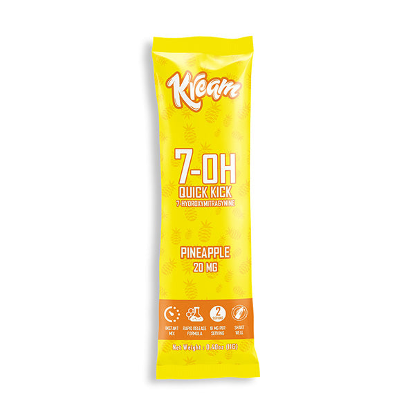 A yellow packet labeled Kream Quick Kick Kratom Powder with pineapple graphics contains 20 mg pineapple-flavored powder featuring 7-Hydroxymitragynine. Enjoy fast-acting energy in 10–15 minutes, with 30 calories and no sugar.
