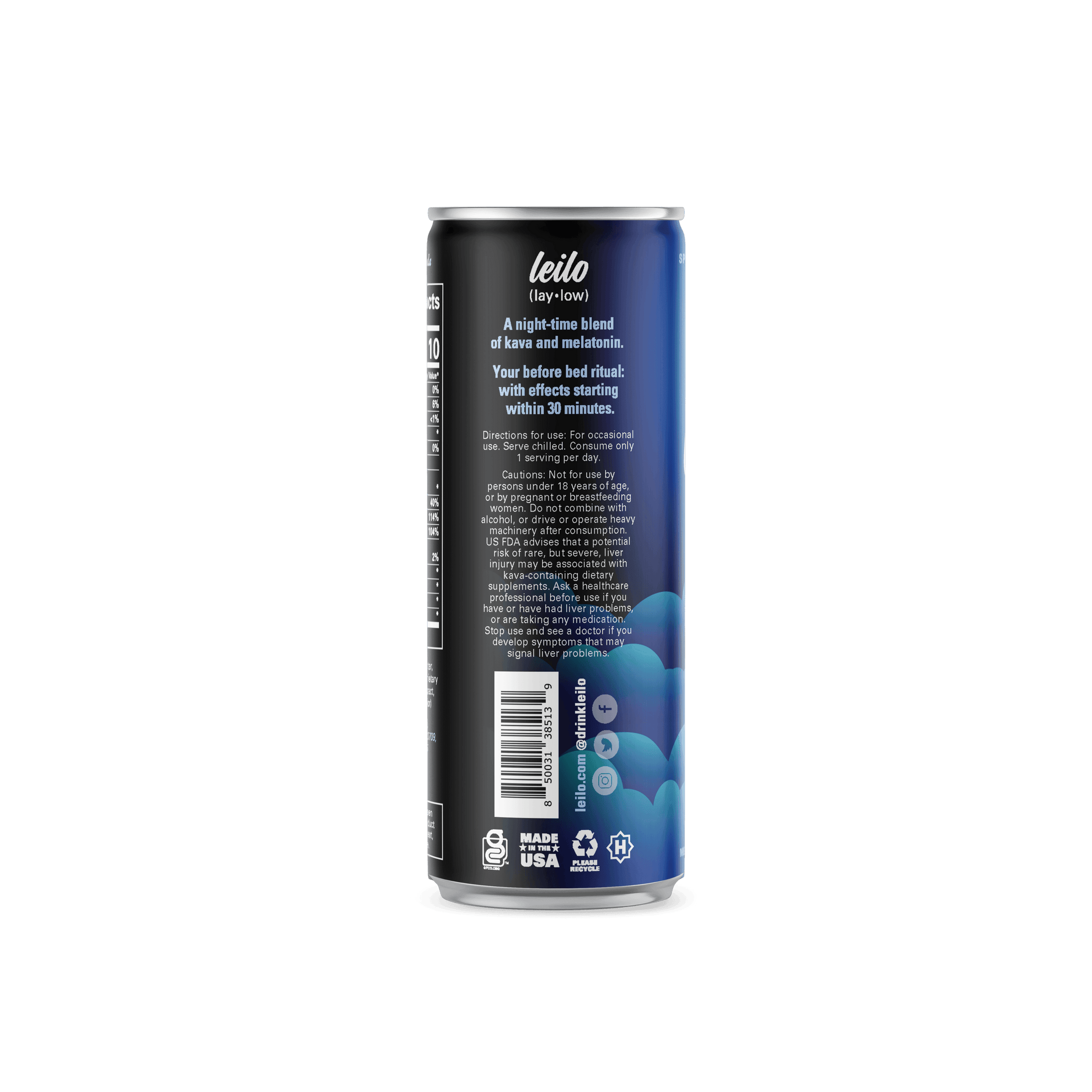 A tall, slim can of Leilo Luna by Leilo features a blue and black label. The drink’s night-time blend with kava and melatonin supports restful sleep. “Made in USA,” recyclability, and certifications are printed at the bottom.