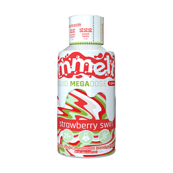 A bottle labeled “Liquid Mega Dose Mushroom Shot” by Cali Extrax, featuring red, white, and green swirls with a “strawberry swirl” flavor. The label showcases “liquid megadose,” “21+,” and promotes enhanced perception.