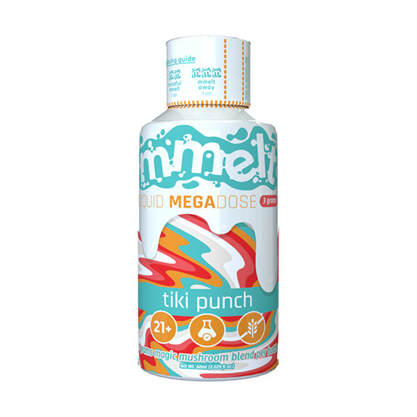 A vibrant bottle labeled Cali Extrax Liquid Mega Dose Mushroom Shot, tiki punch flavor, with a wavy psychedelic design featuring 21+, a warning symbol, and mushroom icon. Text promotes a magic mushroom liquid shot for enhanced perception.