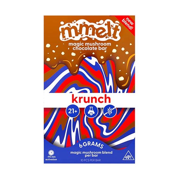 Colorful packaging for a Cali Extrax Mmelt Mushroom Chocolate Bar, with a wavy red, blue, and white design plus 21+, vegan, and gluten-free icons. The bar contains 6 grams of magic mushroom blend.