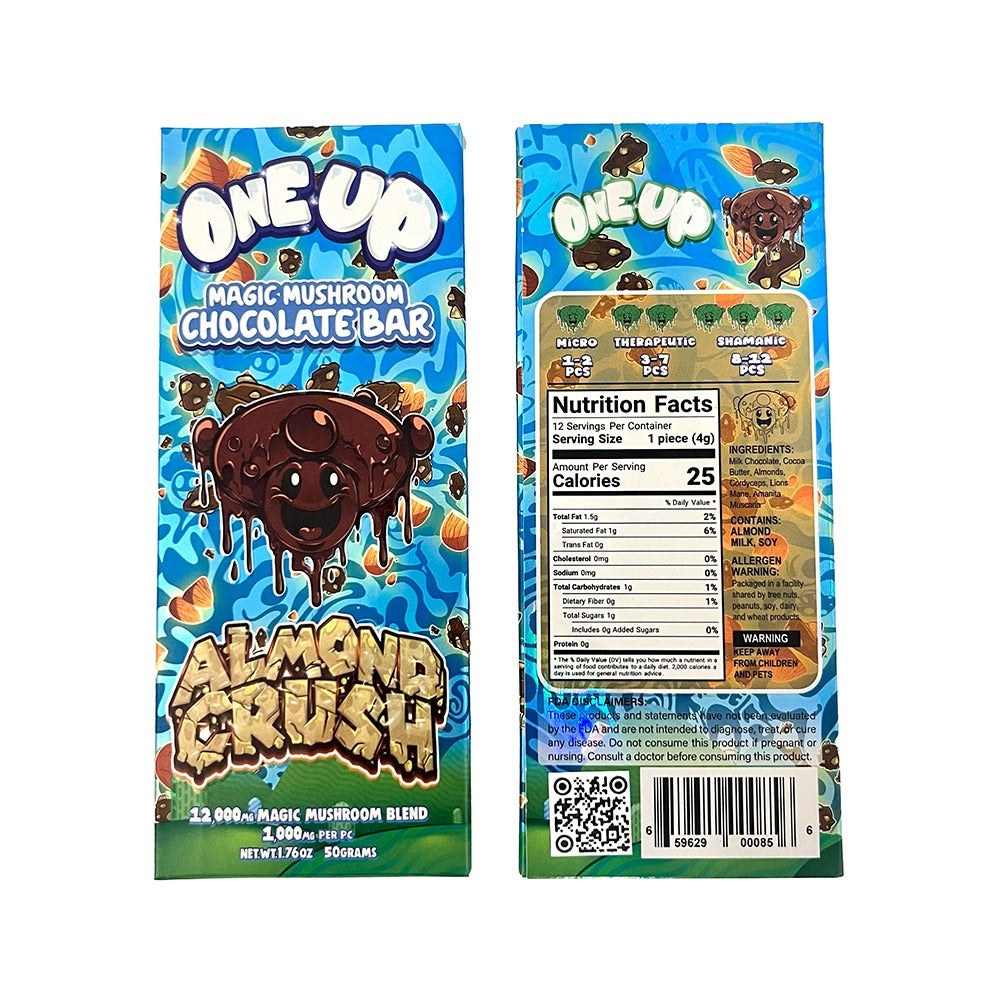 Front and back of a One Up Magic Mushroom Chocolate Bar (One Up brand) in Almond Crush flavor. Blue packaging features cartoon chocolate mushrooms, product info, QR code, and nutrition facts—ideal for microdosing enthusiasts.
