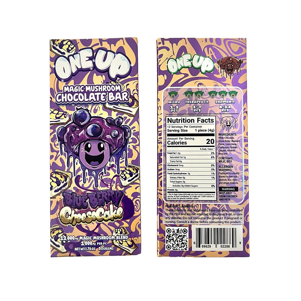 Front and back of a One Up Magic Mushroom Chocolate Bar in Blueberry Cheesecake flavor by One Up, with a cartoon mushroom, purple swirls, and nutrition facts—ideal for microdosing magic mushroom chocolate.