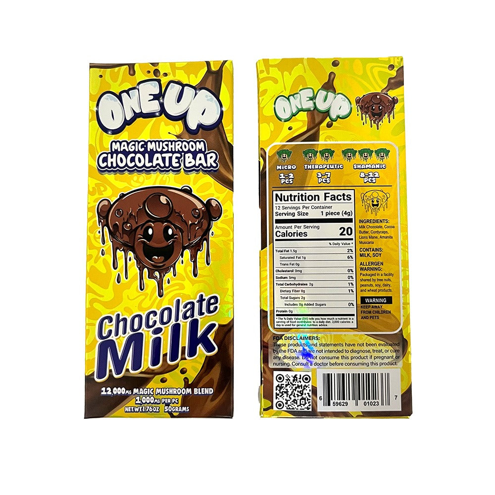 The One Up Magic Mushroom Chocolate Bar in Chocolate Milk flavor features yellow packaging with a smiling chocolate cartoon on the front, while the back lists nutrition facts, ingredients, and microdosing info. Brand: One Up.