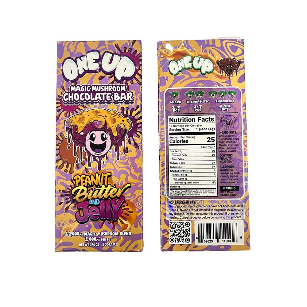 The One Up Magic Mushroom Chocolate Bar by One Up, in peanut butter and jelly flavor, has a purple and yellow psychedelic design with nutrition facts, warnings, and a cartoon mushroom—ideal for microdosing or enjoying magic mushroom chocolate.