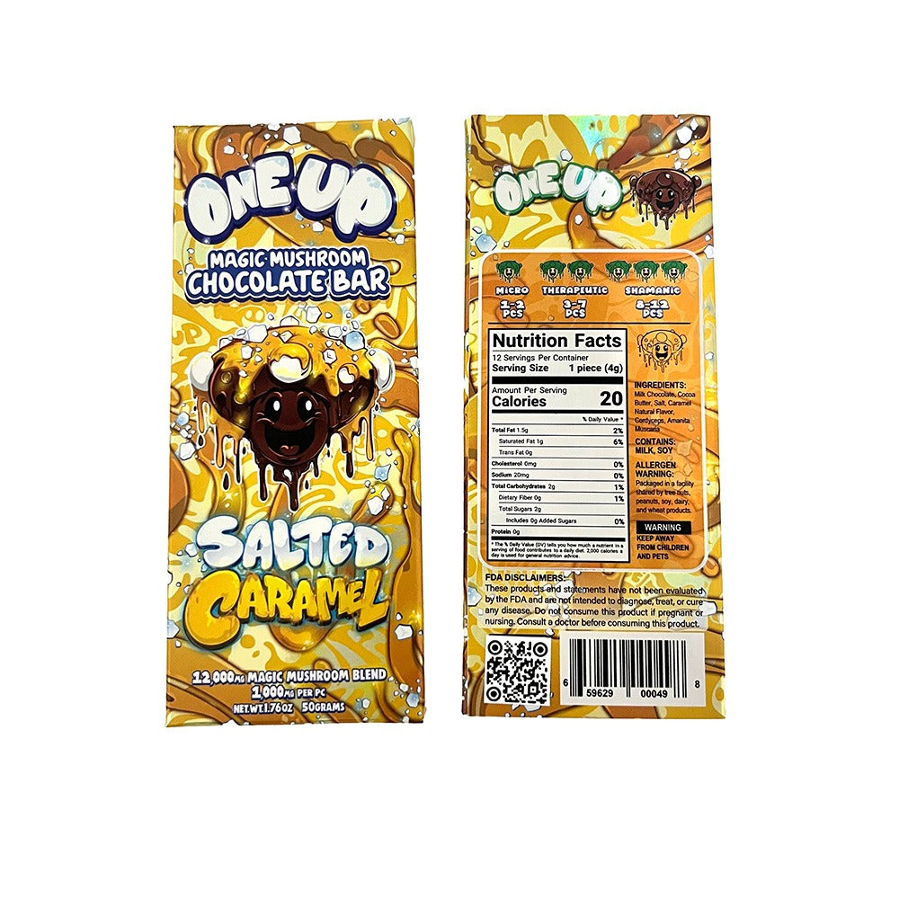 Front and back of a One Up Magic Mushroom Chocolate Bar in salted caramel, showing a dripping chocolate character with caramel accents, nutrition facts, and product info—perfect for those interested in microdosing magic mushroom chocolate by One Up.
