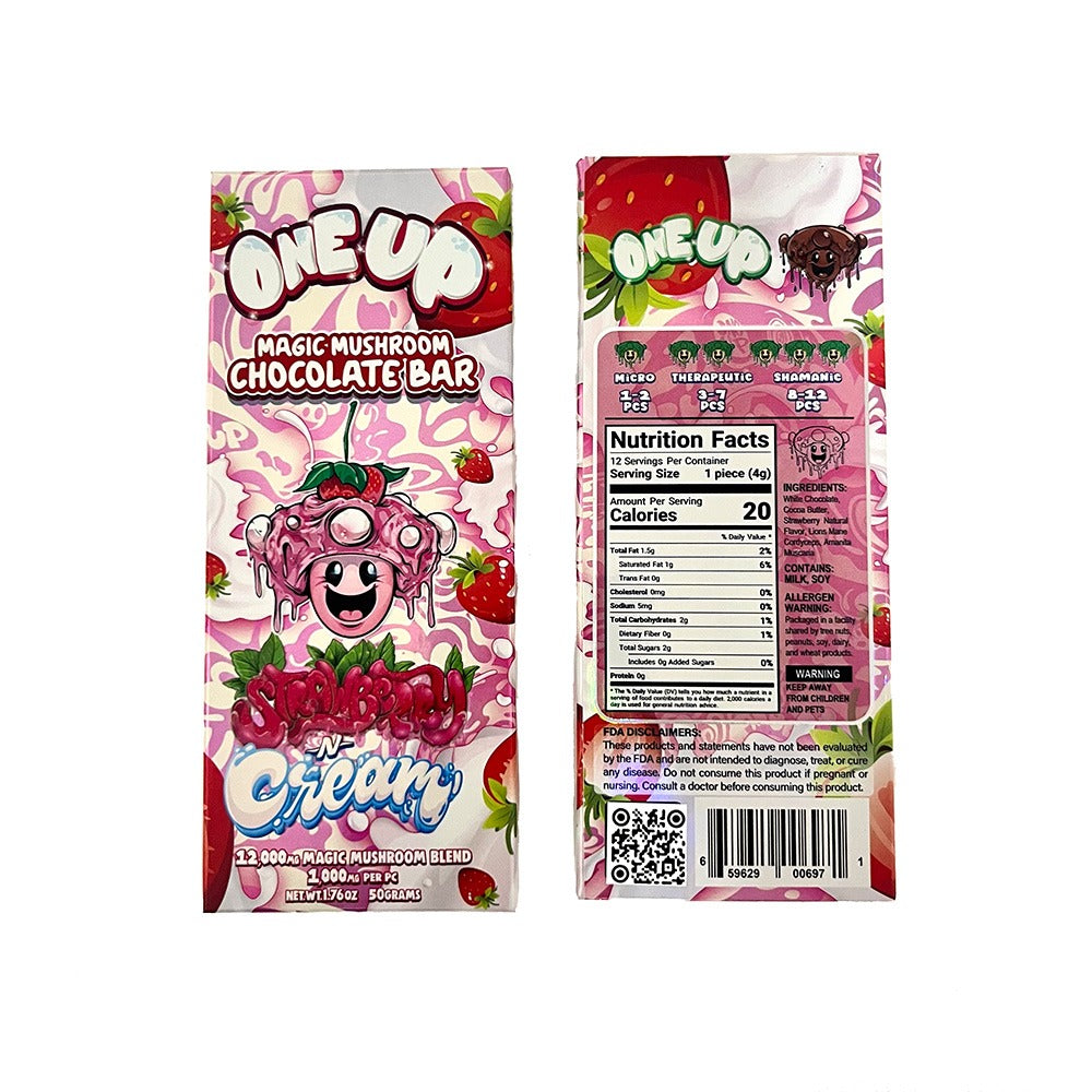 Front and back of a One Up Magic Mushroom Chocolate Bar wrapper, strawberry-n-cream flavor by One Up, featuring a cartoon mushroom, nutrition facts, warnings, and vibrant pink strawberry and cream graphics—ideal for microdosing fans.