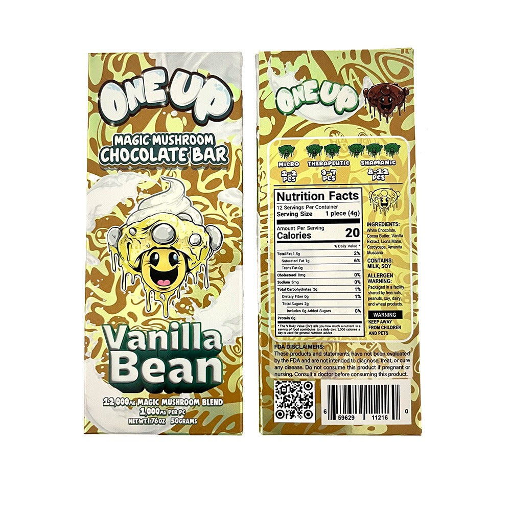 Front and back of a One Up Magic Mushroom Chocolate Bar package by One Up, Vanilla Bean flavor. The yellow pack shows a cartoon melting ice cream, highlights microdosing benefits, and has nutrition facts on the back.