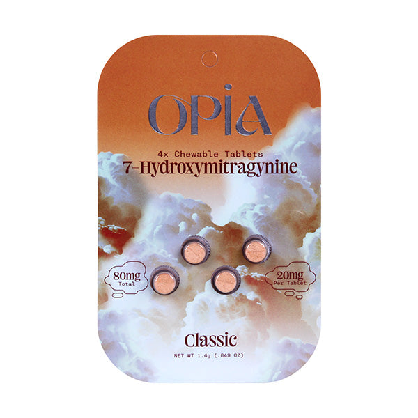A Classic OPIA blister pack contains four chewable Opia 7-OH Tablets (20mg 7-hydroxymitragynine each, total 80mg). The background features orange and white clouds, highlighting these kratom tablets.