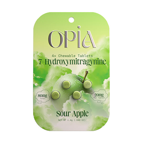 A green Opia 7-OH Tablets package shows four round kratom tablets with green clouds and a green apple background. The label indicates 80mg total 7-hydroxymitragynine, with each chewable tablet providing 20mg. Brand: Opia.