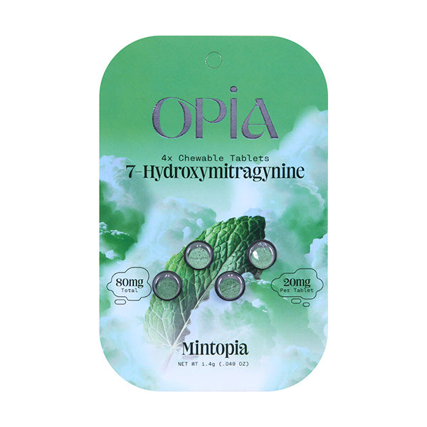A blister pack labeled Opia 7-OH Tablets from Opia contains 4 minty tablets (20mg each, total 80mg) on a green background with clouds and a mint leaf, with the brand name Opia at the bottom.