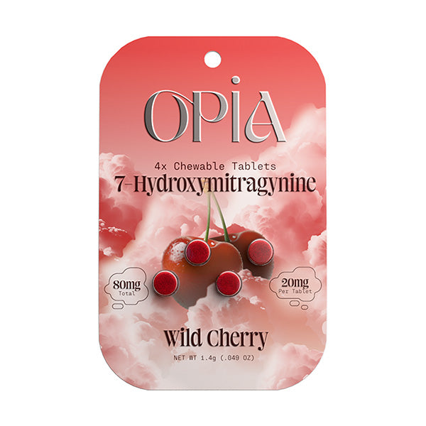 Opia 7-OH Tablets by Opia: pack with pink cloudy background, cherries, and text showing 80mg total 7-hydroxymitragynine (20mg per tablet, 4 tablets per pack).
