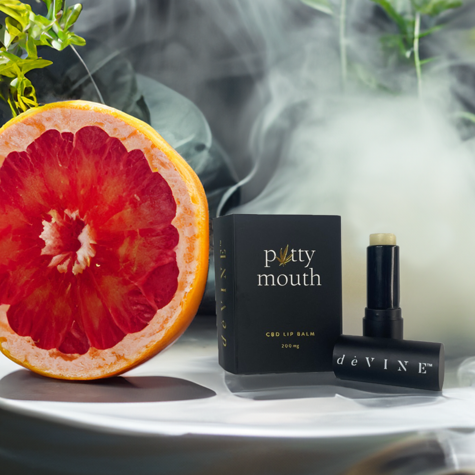 A sliced grapefruit sits next to a black box labeled “Potty Mouth Lip Balm” by DeVINE Wellness and an open tube containing organic coconut oil lip balm, all arranged on a misty surface with greenery in the background.