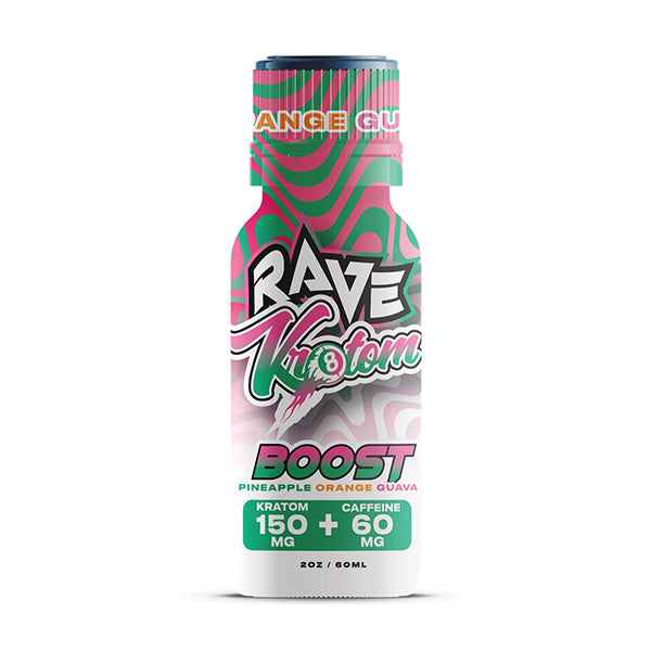 A 2oz Boost Kratom Shot by Rave in pineapple, orange, and guava flavors. Features 150mg kratom and 60mg caffeine. The bottle has bold pink, green, and white graphics.