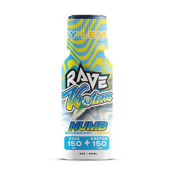 A bottle labeled Numb Kratom Shot by Rave, Blueberry Lemon flavor, features a blue, yellow, and white design highlighting Kava 150mg + Kratom 150mg and 2oz / 60ml near the bottom—making it a bold kratom shot choice.