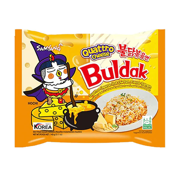 A yellow Exotic Snacks Buldak Spicy Chicken Quattro Cheese Ramen pack shows a cartoon chicken wizard, cheese blocks, and a bowl of cheesy spicy noodles. English and Korean text are featured on the packaging.