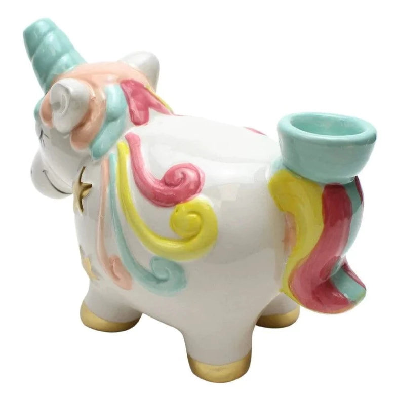The Fashioncraft Unicorn Pipe features a ceramic design with a pastel pink, yellow, and blue mane and tail, gold hooves, a friendly face, and an opening on its back near the tail for use as a planter.