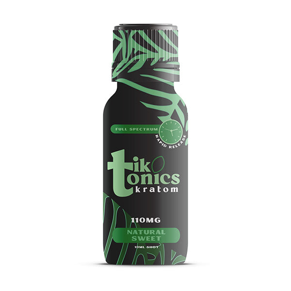 A small black 15ml bottle labeled Tik Tonics Natural Sweet Kratom Shot, with green tropical leaf designs, contains 110mg full spectrum kratom for a natural energy boost.