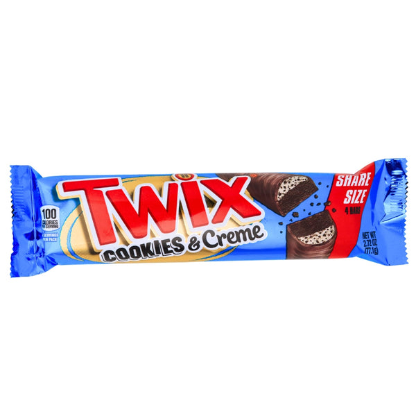 A blue Share Size pack of Exotic Snacks Twix - Cookies & Cream displays images of cream-filled cookie bars with their centers on the front.