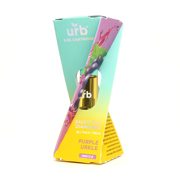 A 2.2g Saucy Diamonds Cartridge by URB, in vibrant triangular packaging labeled Purple Urkle Indica, features purple grapes and a window showing the gold cartridge and premium terpenes inside.