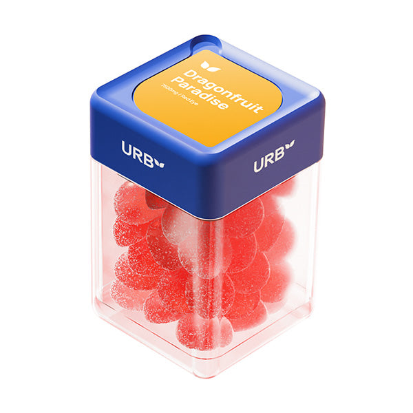 A clear plastic container with a blue lid labeled URB Sky Bites THC Gummies holds red, sugar-coated Delta-9 gummies.