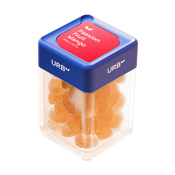 A clear rectangular jar with a blue lid labeled Sky Bites THC Gummies from URB, containing orange, sugar-coated Delta-8 gummies.