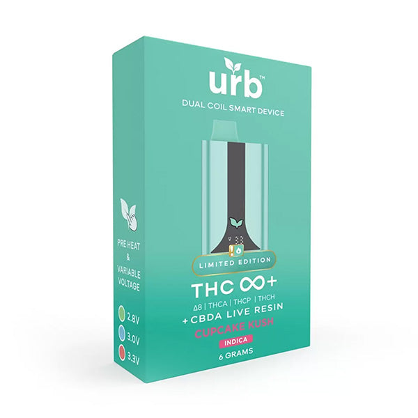 A teal URB THC Infinity 6G Disposable box labeled THC ∞+ CBDA Live Resin, Cupcake Kush, Indica, with dosage settings and a limited edition badge.