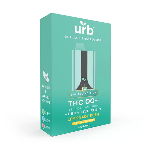 A teal box labeled URB THC Infinity 6G Disposable holds a premium cannabis vape cartridge. Text highlights Limited Edition, Lemonade Kush Sativa/Hybrid, and dosage and voltage info for this THC Infinity 6G disposable vape.