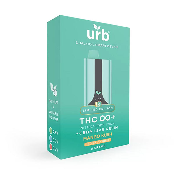 The URB THC Infinity 6G Disposable is a turquoise box containing a limited edition Mango Kush indica/hybrid vape, featuring THC+CBD live resin, dual coil smart device, preheat, and variable voltage options.