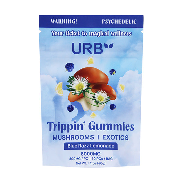 A blue URB Trippin Mushroom Gummies package with illustrated mushrooms, flowers, and butterflies. Blue Razz Lemonade flavor, 800MG (10 pcs). Infused with wellness, adaptogens, and psychedelic vibes. Exotics line.