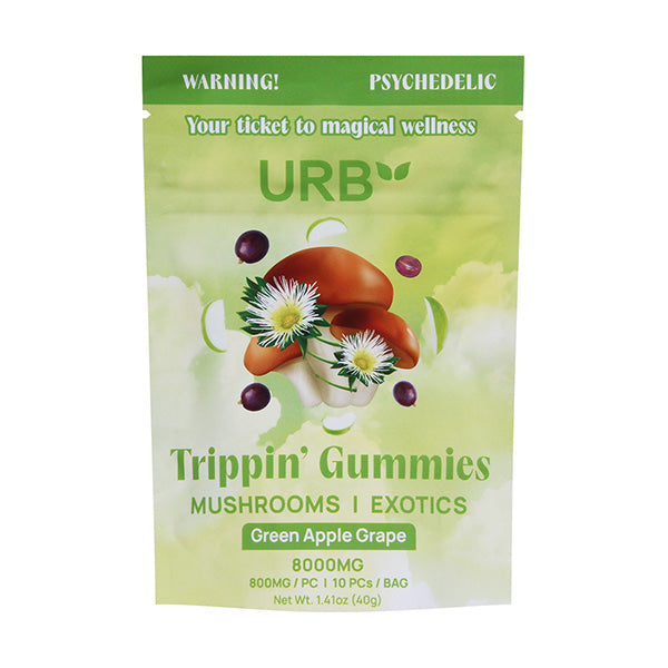 A green and yellow URB Trippin Mushroom Gummies package features mushrooms, flowers, and fruit. The label highlights Mushrooms/Exotics, Green Apple Grape flavor, adaptogens, nootropics, and an 8000mg dosage.
