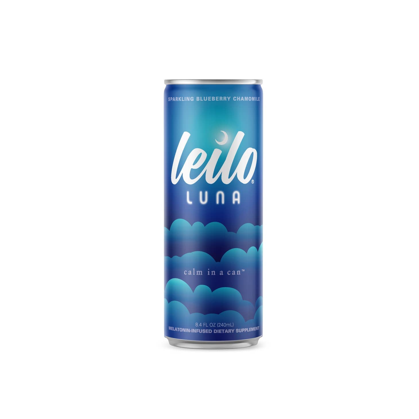 A can of Leilo Luna by Leilo, a sparkling blueberry chamomile sleep drink with kava and melatonin, features a blue design with clouds and calm in a can on the front.