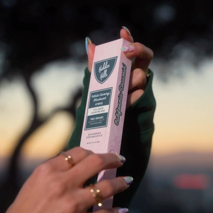 A person with manicured nails and gold rings holds a pink and green Hidden Hills Liquid Diamonds Disposable box outdoors, with trees and a sunset blurred in the background.