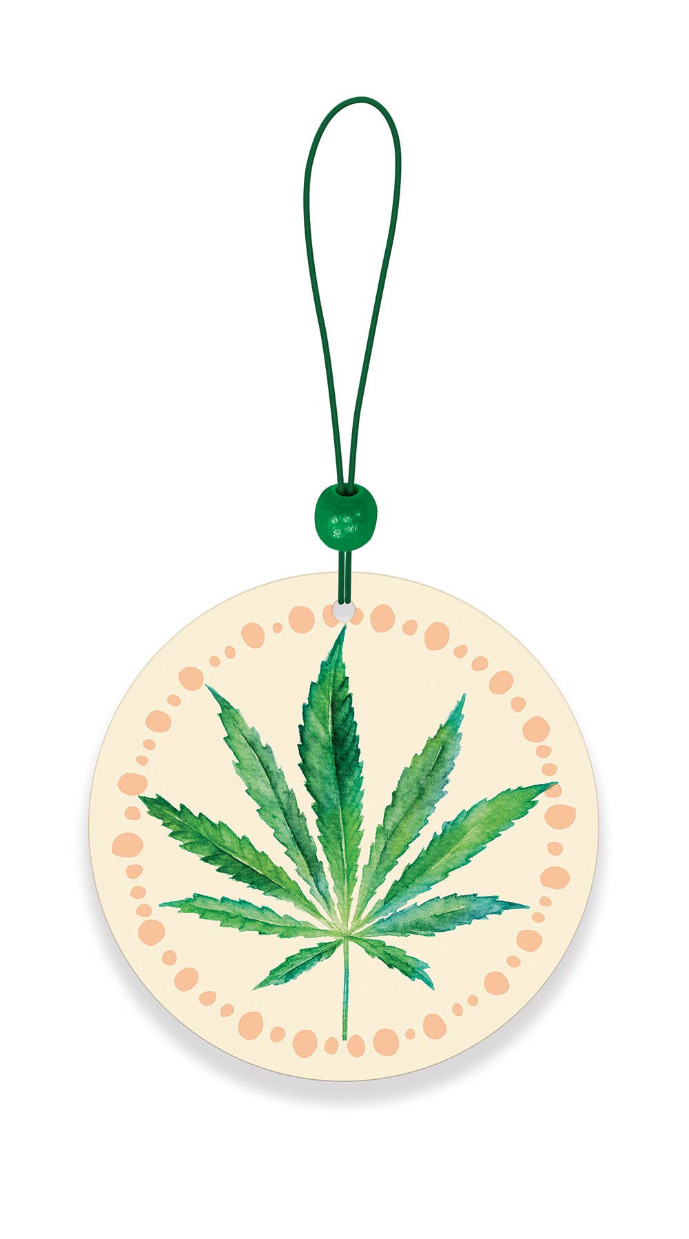 The Studio Oh! Cannabis Leaf Car Air Freshener features an illustrated cannabis leaf with orange dots on a light background, plus a green string and bead. Enjoy long-lasting freshness and style in your car with this unique accessory.