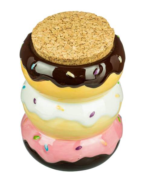 The Donut Stash Jar by Fashioncraft is a whimsical ceramic jar shaped like three stacked donuts—chocolate, vanilla, and strawberry—with colorful sprinkles and a cork lid, ideal for fun spice storage.